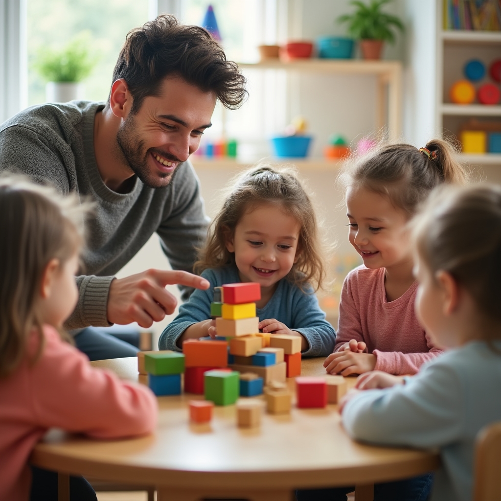 Four children sitting at a low round table building with wooden blocks under supervision