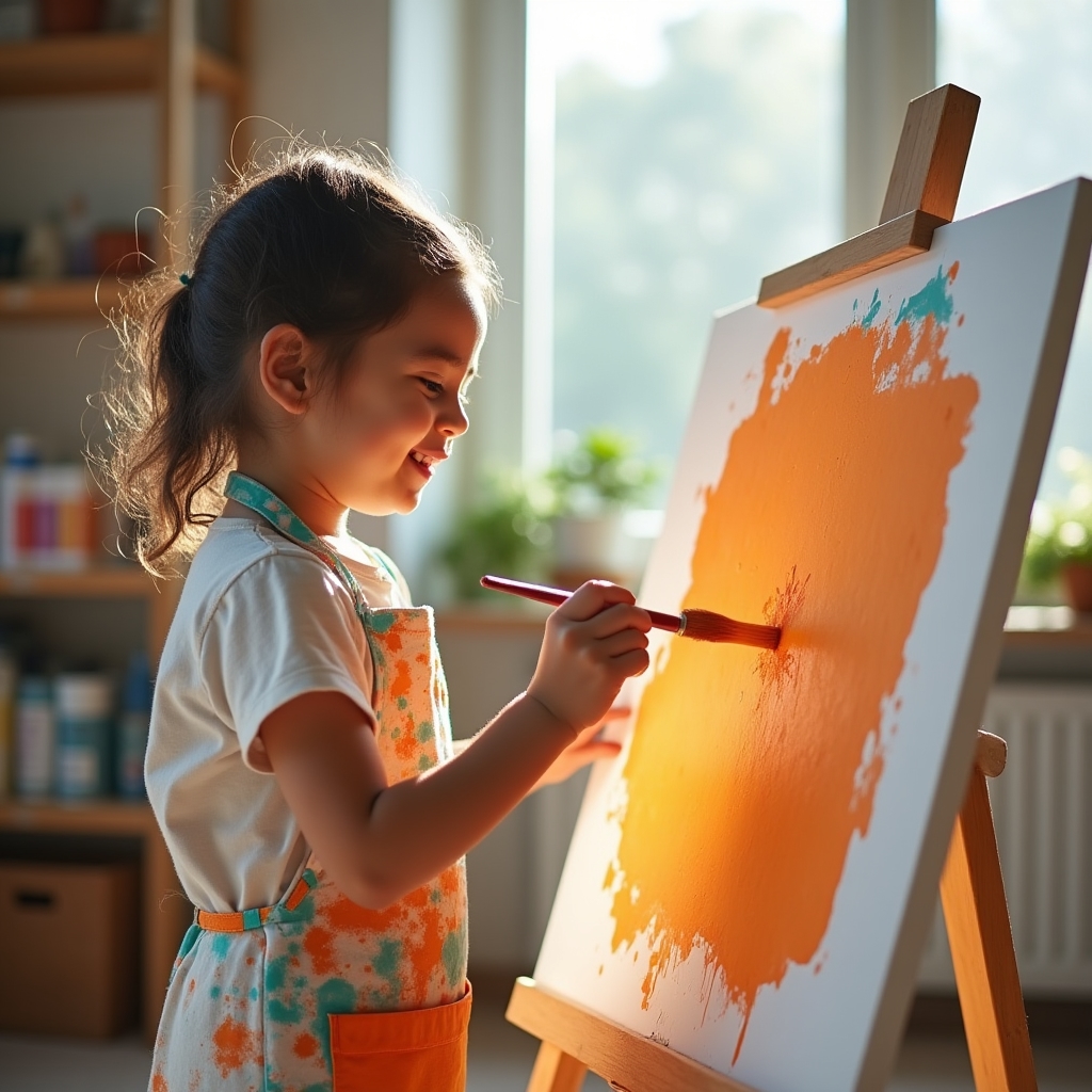 A child painting with a wide brush on paper at an easel in a bright creative arts studio