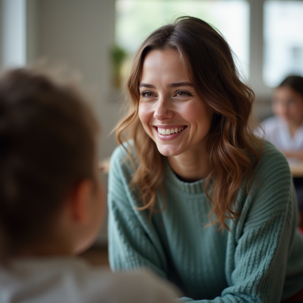 A woman early childhood educator smiling warmly while kneeling to talk with a young child
