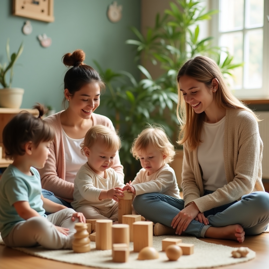 Two educators sitting on the floor with a small group of toddlers during a play-based learning activity
