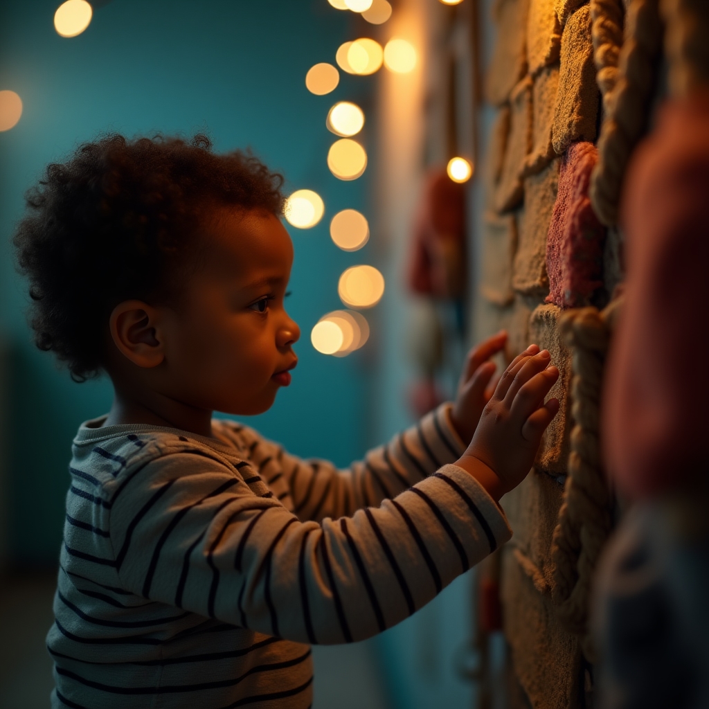 A young child touching a wall panel with textured fabric strips inside a softly lit sensory room