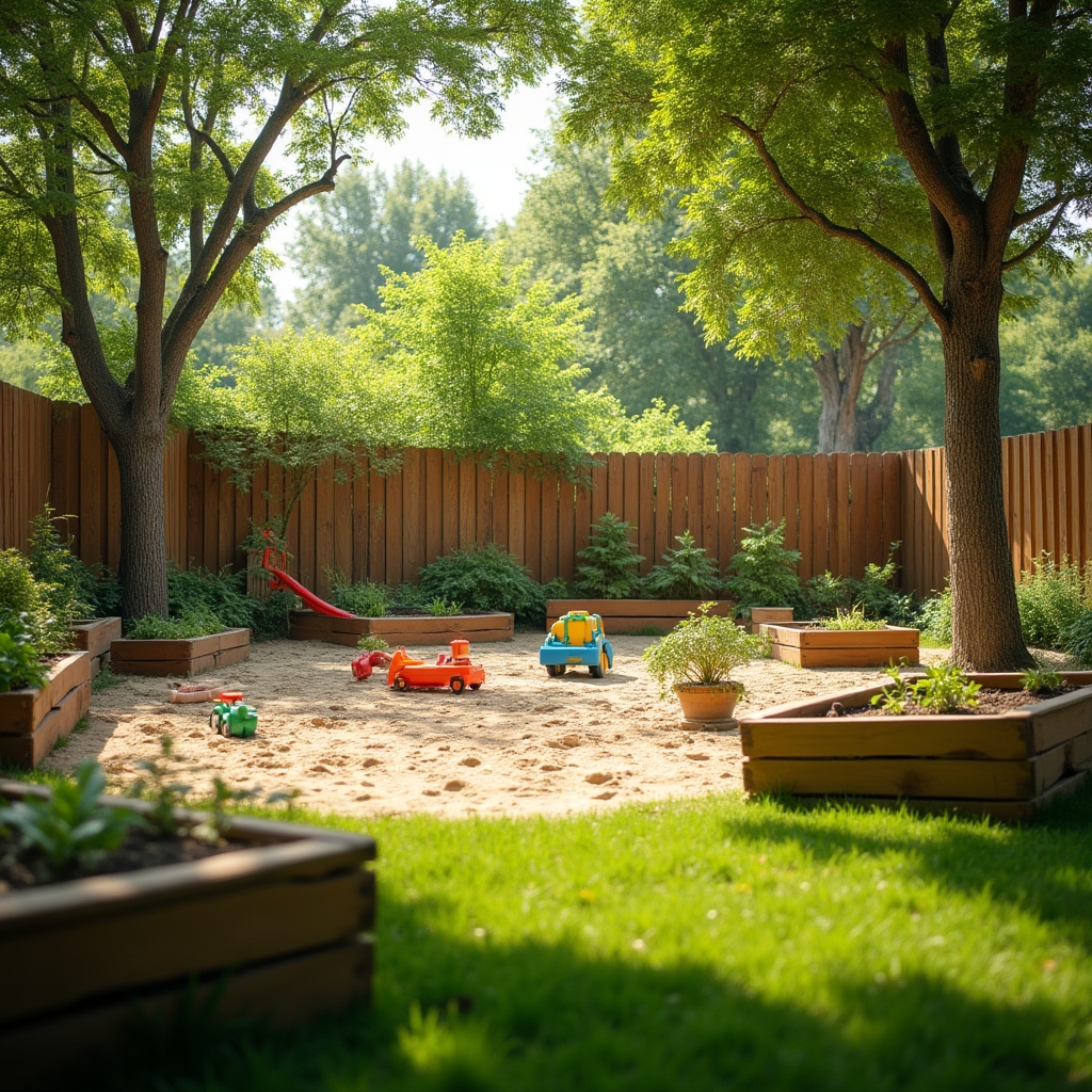 A wide view of an outdoor garden play area with a sandbox, low fence and mature trees